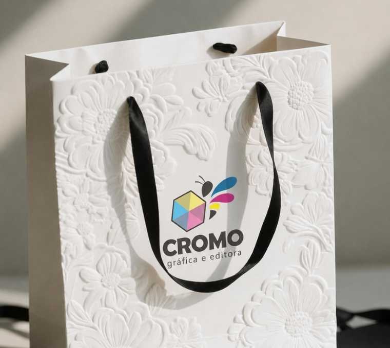 Sacolas personalizadas produzidas pela Cromo Gráfica e Editora