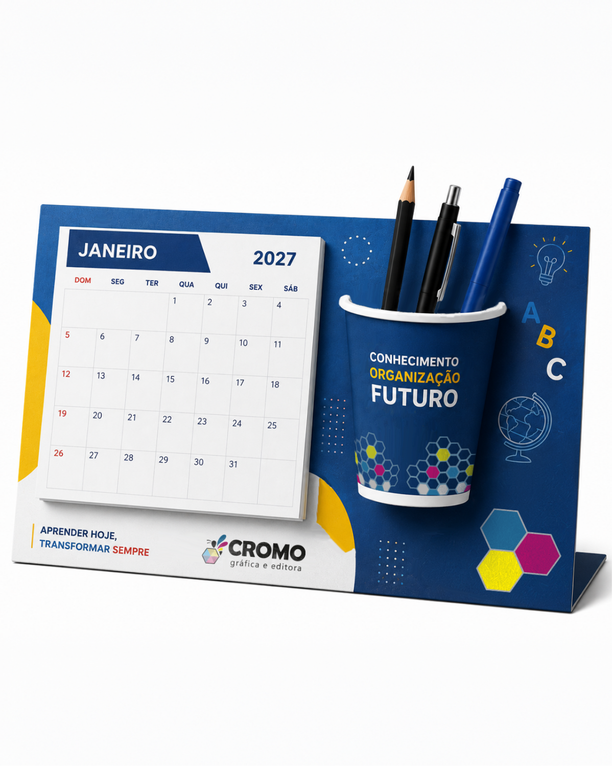 Calendários personalizados produzidos pela Cromo Gráfica e Editora
