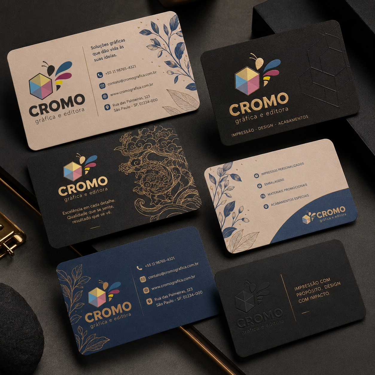 Cartões de visita personalizados produzidos pela Cromo Gráfica e Editora